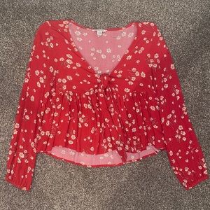American Eagle Red Long Sleeve Top with White Flowers